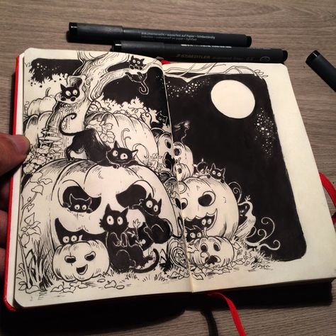 Gabriel Picolo, Black And White Drawings, Pumpkin Illustration, Halloween Drawings, Arte Sketchbook, Ink Drawings, Sketchbook Inspiration, Art And Illustration, Ink Illustrations