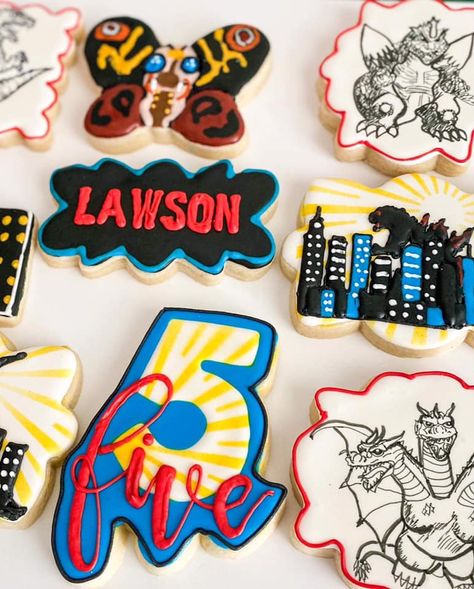 Custom Godzilla Cookies by Frosted by Britt ( Covington, GA) Godzilla Cookies Decorated, Godzilla Themed Food, Godzilla Cookies, Godzilla Vs Kong Birthday Party, King Kong Vs Godzilla Birthday Party Decorations, Kong Treats, Godzilla Party, Godzilla Birthday Party, Godzilla Birthday