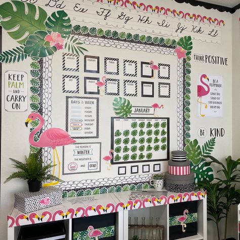 Pink Classroom Theme, Pink Classroom Decor, Flamingo Classroom, Rainforest Classroom, Pink Classroom, Beach Classroom, Tropical Classroom, Beach Theme Classroom, Core Decor