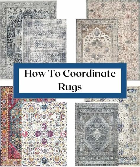 Read this post to find out everything you need to know about coordinating rugs in an open floor plan or between adjacent rooms. Included is a convenient shopping guide. #howtocoordianterugs Dark Grey Rug Living Room, How To Coordinate Rugs In Open Concept, Matching Rugs In Open Floor Plan, Coordinating Area Rugs Open Concept, Traditional Rugs In Living Room, Mixing Rugs In Open Floor Plan, Two Rugs In One Room, Coordinating Rugs Open Floor Plan, Mixing Rugs