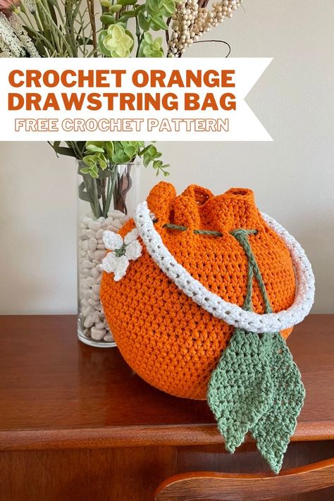 Summer Crochet Patterns Free, Bag Free Crochet Pattern, Crochet Orange, Purse Patterns Free, Crochet Drawstring Bag, Drawstring Bag Pattern, Knitting Bag Pattern, Summer Purse, Crochet Knit Stitches