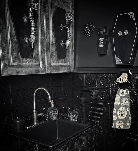 Aurelio Voltaire | Get a sneak peek at my Gothic kitchen renovation in my upcoming book, Gothic Life - The Essential Guide to Macabre Style! Preorder yours… | Instagram Skull Backsplash Kitchen, Goth Kitchen Backsplash, Gothic Style Kitchen, Gothic Kitchens, Gothic Kitchen Ideas, Gothic Homemaking, Gothic Kitchen Decor, Black Kitchen Ideas, Witch Hut