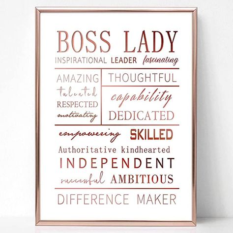 Amazon.com: Boss Lady Office Decor Rose Gold 12"×8.6" - Valentines Day Gift for Her Office Inspirational Desk Decor, Boss Lady Gift for Boss Women Girl with Gift Box, Best Office Gift Framed Wall Art Desk Sign : Home & Kitchen Lady Boss Office Work Spaces, Office Decor Women Work Spaces, Pictures For Office Wall, Greenery Office Decor, Rustic Chic Office Decor, White And Gold Office Decor, White And Pink Office, Elegant Home Office Ideas For Women, Female Office Ideas