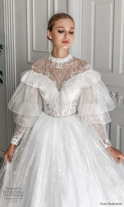 Balloon Sleeve Wedding Gown, Oleg Baburow, Vintage White Lace Dress, 2022 Wedding Dresses, A Line Ball Gown, Vintage White Dress, Chic Prom Dresses, Bridal Honeymoon, Minimal Wedding Dress