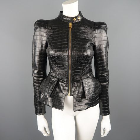 Tom Ford Size 4 Black Alligator Embossed "scuba" Peplum... | LePrix Jacket Leather Outfit, Peplum Leather Jacket, Outfit Leather Jacket, Celebrities Leather Jacket, Leather Peplum, Black Alligator, Custom Jacket, Biker Leather, Leather Moto