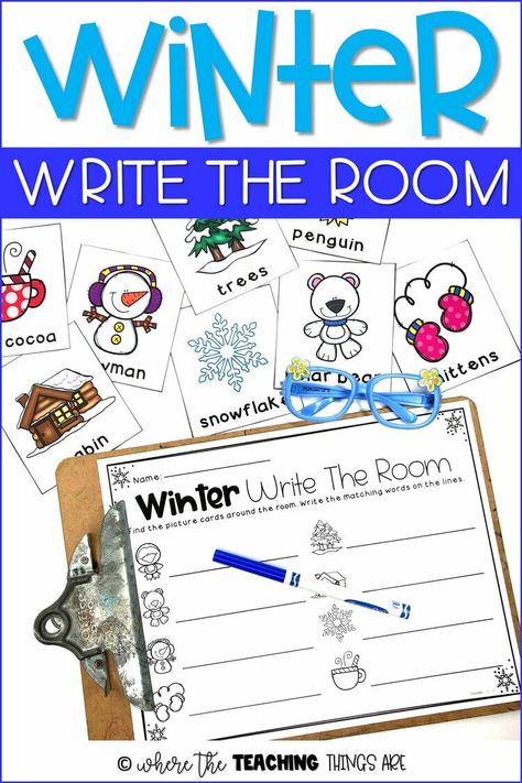 January Writing Center Preschool, January Writing Center Kindergarten, Winter Literacy Activities Kindergarten, Winter Writing Center Preschool, Writing Activities For Prek, Winter Class Activities, Winter Literacy Night Activities, Winter Anchor Chart Preschool, Winter Write The Room Kindergarten Free