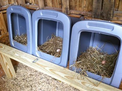 Raised nesting boxes made out of large totes. Pallet Chicken Coop, Chicken Coop Kit, Chicken Coop Pallets, Portable Chicken Coop, Chicken Nesting Boxes, Chicken Coop Run, Chicken Run, Chicken Cages, Chicken Garden