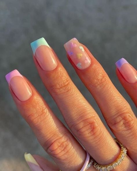 Summer French Tip Nails: Elegant Designs, Neon & Flower Accents 2024 Short Square Acrylic Nails French Tips With Design, French Manicure With Hearts, Pastel Tips Nails, French Manicure Couleur, Pastel French Nails, Pastel French Tip Nails, Pastel French Tips, Nail Designs And Colors, Swirl Nail