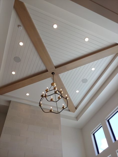 Tray Ceiling Family Room, Coastal Cottage Ceilings, Double Tray Ceiling Ideas, Ceiling Accents, Panel Ceiling Ideas, Trey Ceiling With Wallpaper, Wood Beams In Tray Ceiling, Trey Ceiling Ideas Bedroom, Wood Accent Ceiling