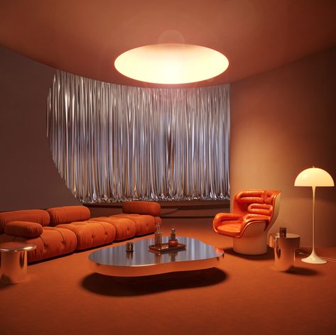 Virtual Renderings We Would Live In — THE MILLIE VINTAGE Retrofuture Interior, Retro Futuristic Interior, Living Room Vibes, 70s Interior, Room Vibes, Retro Interior Design, Joe Colombo, Mario Bellini, Futuristic Interior