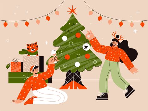 People Illustrations, Christmas Card Illustration, New Year Illustration, Happy New Year Design, Holiday Wrap, New Year Designs, Christmas Card Template, Christmas Packaging, Party People