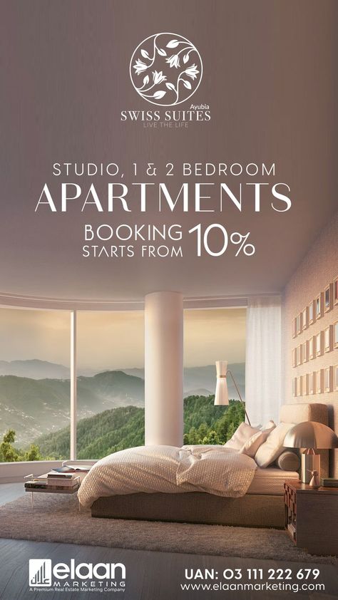 Invest in Swiss Suites for maximum returns, Swiss Suites are offering 1 & 2 bed apartments on easy instalments and affordable prices. Swiss Suites are located in a mesmerising location with beautiful and scenic views to make your lifestyle extraordinary. Invest for a better life. Booking starts from 10% only. #elaanmarketing #realestate #realestateagent #realestatemarketing #realestatesales #realestateinvestment #realestatemarket #forsale Edm Ideas, Hotel Sales, Hotel Ads, Property Ad, Real Estate Advertising, Real Estate Marketing Design, Ads Creative Advertising Ideas, Real Estates Design, Realestate Marketing