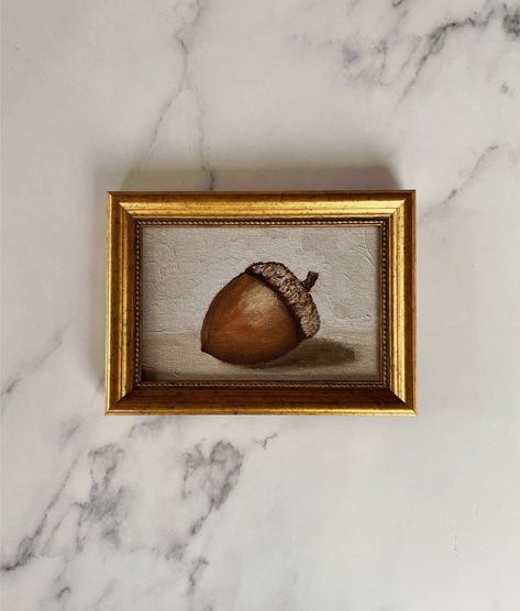 ACORN: - Premium quality giclee print - 4x6" or 5x7" - Unframed - Ready to ship *This print is a reproduction of an original oil painting I created on canvas. It is printed with museum quality ink on archival fine art paper. Mini Prints Art, Kitchen Wall Art Painting, Vintage Winter Art, Painting Miniatures, Acorn Art, Acorn Painting, Farm Paintings, Farm Art, English Art