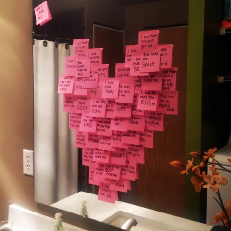 Awesome Valentine's Day Idea!!! ------------------  Leave a post-it note heart on the bathroom mirror with ALL the reasons you love him/her! Romantic Valentines Day Ideas, Diy Valentines Day Gifts For Him, Notes Diy, Thoughtful Gifts For Him, Romantic Surprise, Diy Gifts For Him, Presents For Boyfriend, Homemade Valentines, Handmade Valentine