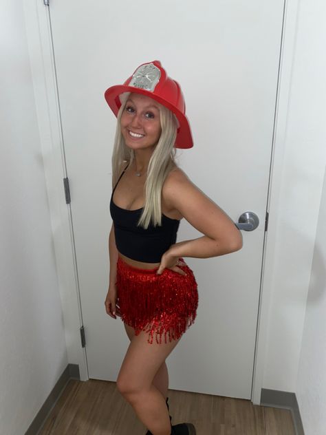 Red Shorts Halloween Costume, Halloween Costumes With Red Skirt, Fighter Halloween Costume Woman, Fire Fighter Halloween Costume Woman, Firefighter Bachelorette Party, Fireman Halloween Costume Woman, Red Skirt Halloween Costume, Cute Firefighter Costume, Fire Fighter Costumes