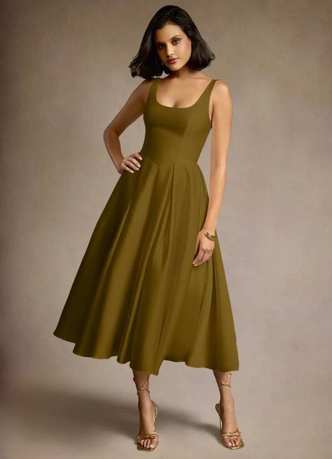 Olivia Moss Green Pleated Midi Dress Atelier Dresses | Azazie Office Dresses For Women Work Attire, Semi Formal Wedding Attire, Cocktail Attire For Women, Atelier Dress, Formal Wedding Attire, Forest Green Dresses, Wedding Outfits For Women, Winter Wedding Guest Dress, Green Formal Dresses