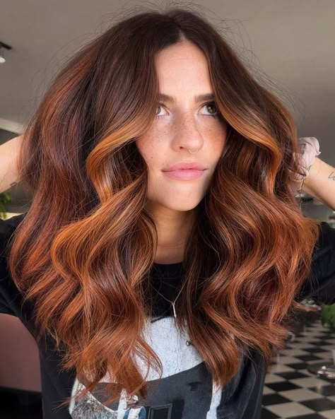 Cooper Balayage For Brunettes: Elevate Your Hair Game with This Chic Color Technique 6 Burnt Orange Hair Color, Deep Auburn Hair, Light Auburn Hair Color, Copper Balayage Brunette, Brown Auburn Hair, Color Trends 2024, Balayage Hair Copper, Light Auburn Hair, Dark Auburn Hair