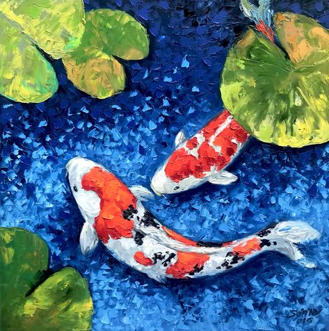 Oil Painting Koi Fish, Koi Fish Oil Painting, Koi Fish Pond Painting, Lucky Painting, Koi Fish Acrylic, Koi Pond Art, Lucky Fish, Koi Painting, Koi Fish Drawing