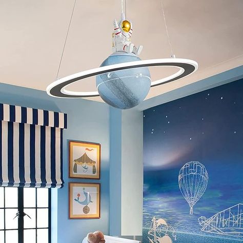 O'NEELDY Astronaut Hanging Lamps, Creative LED Chandeliers with Pendant Dimmable Planet Light for Kids Room, Boys Room, Nursery, Toys Room - 19''/40W - Amazon.com Space Theme Bedroom, Lights For Kids Room, Wood Decor Ideas, Bedroom Ideas For Boys, Space Dogs, Galaxy Room, Toys Room, 3d Printer Ideas, Space Themed Room