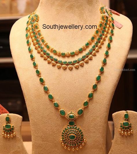 http://rubies.work/0991-emerald-pin-brooch/ 0306-sapphire-ring/ Emerald Necklace and Long Chain Gold Emerald Necklace, Ruby Necklace Designs, Temple Jewelry Necklace, Gold Necklace Indian, Diamond Wedding Jewelry, Gold Necklace Indian Bridal Jewelry, Beaded Necklace Designs, 22 Carat Gold, Gold Bride Jewelry