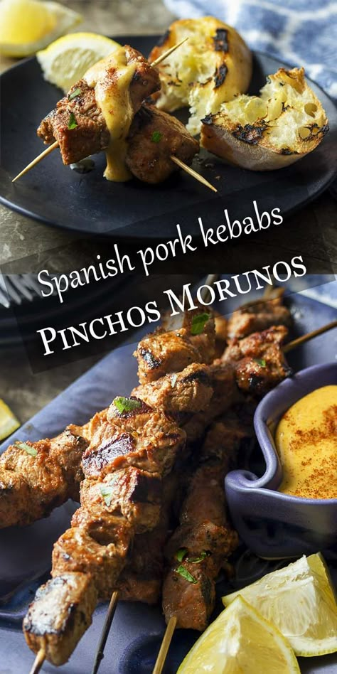 Pinchos Morunos - Spanish Pork Kebabs - Just a Little Bit of Bacon Pork Spanish Recipes, Spanish Bbq Ideas, Spanish Pork Recipes, Spanish Bbq, Pintxos Recipes, Paprika Aioli, Spanish Pork, Pork Kebabs, Spanish Tapas Recipes