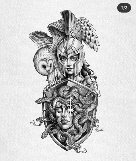 Pin em Tatts Shoulder Piece Tattoo, Athena Tattoo, Arm Tattoos Drawing, Chicano Tattoos Sleeve, Medusa Tattoo Design, Greek Mythology Tattoos, Goddess Tattoo, Owl Tattoo Design, Warrior Tattoos