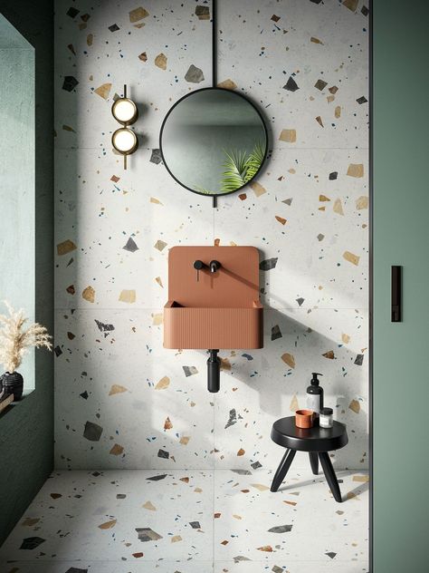 Terrazzo Bathroom, Mandarin Stone, Indoor Tile, Tile Trends, Tiny Bathrooms, Tiny Bathroom, Wet Rooms, Clever Design, Shower Room