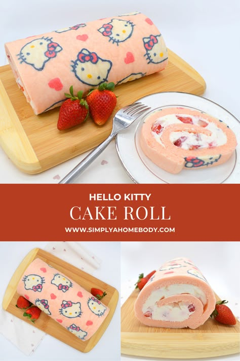 How to make Hello Kitty cake roll - A step by step recipe with a downloadable template Hello Kitty Roll Cake, Hello Kitty Cake Recipe, Cute Swiss Roll Cake, Sanrio Desserts Recipe, Swiss Roll Pattern Template, Jelly Roll Cake Design, Decorated Swiss Roll Cake, Deco Roll Cake Pattern, Cake Roll Pattern