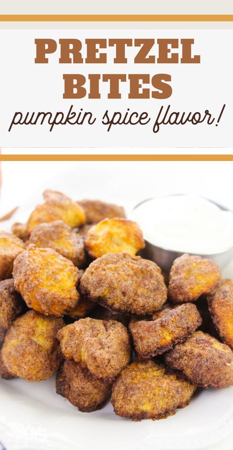 These delicious pumpkin spice pretzel bites are the perfect treat for the fall. Crunchy on the outside, soft on the inside. Pretzel Bites Recipe, Spiced Pretzels, Frozen Pretzels, Pumpkin Pretzels, Pretzel Bites Recipes, Pretzel Dough, Pumpkin Pie Spice Mix, Baking Soda Bath, Puppy Chow Recipes