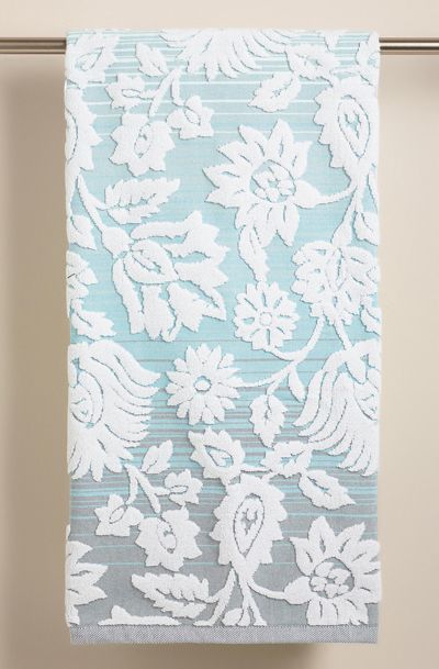 A gorgeous sculpted floral pattern catches the eye against a blue and green backdrop on this Cool Ombre Bliss Bouquet Sculpted Bath Towel. Crafted in Portugal of soft 100% cotton, this beautifully ... Aqua Palette, Jute Round Rug, Colorful Elephant, Bath Towels Luxury, Green Backdrops, Festive Holiday Decor, Cooling Blanket, Striped Towels, Fabric Shower Curtains