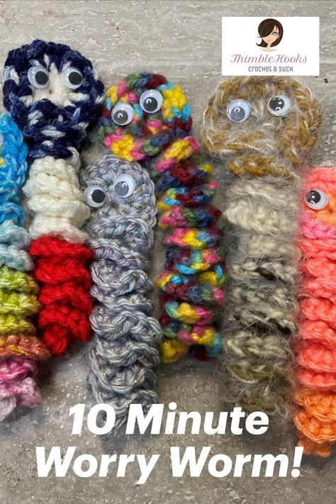 ThimbleHooks Super fast only 10 minutes! Make dozens tonight! Crochet up a bunch and leave them around your hometown. Why? We all need a little levity and a smile after this past year and a half. It is so easy to make, about 10 minutes and is a terrific Stash Buster. #worryworm Crochet Worry Worm, Random Acts Of Crochet Kindness, Crochet Kindness, Worry Worm, Stash Buster, 10 Minute, Crochet