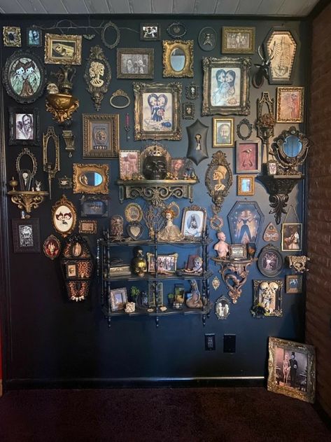 Random Shelves On Wall, Oddity Gallery Wall, Gothic Picture Frame Wall, Gallery Wall With Trinkets, Dark Wall Gallery, Dark Maximalist Wall Decor, Art Wall With Shelves, Beetle Wall Decor, Ornate Wall Decor