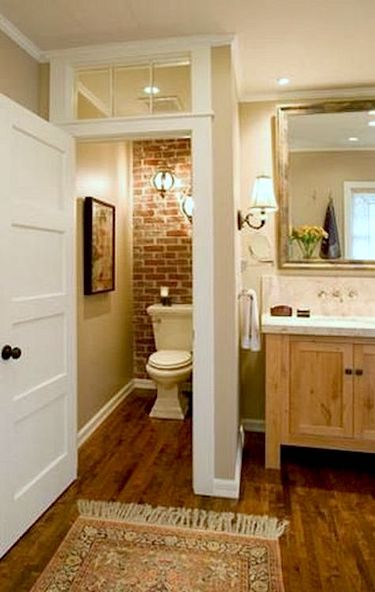 Toilet Nook, Open Concept Bathroom, Brick Bathroom, Toilet Closet, Toilet Room, Water Closet, Small Remodel, Transom Windows, Trendy Bathroom