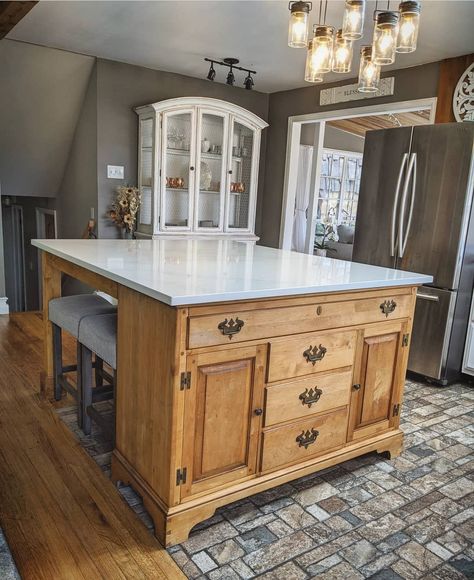 Islands That Look Like Furniture, Old Dresser Into Kitchen Island, Vintage Sideboard Kitchen Island, Kitchen Islands From Old Furniture, Repurposed Island Kitchen, Kitchen Cabinets From Furniture, Dresser Converted To Kitchen Island, Table Converted To Kitchen Island, Kitchen Island From Repurposed Furniture