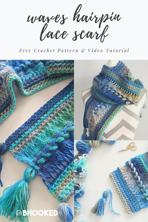 Waves hairpin lace crochet scarf. Click through for the free pattern and video tutorial! #BHooked #Crochet #FreeCrochetPatterns Hairpin Crochet Pattern, Lace Crochet Scarf, Hairpin Lace Patterns, Crochet Lace Scarf Pattern, Crochet Lace Scarf, Hairpin Lace Crochet, Broomstick Lace, Hairpin Lace, Lace Scarf