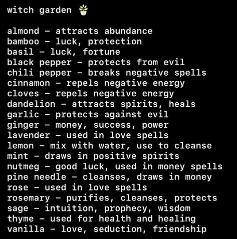 almond, bamboo, basil, black pepper, chili pepper, cinnamon, cloves, dandelion, garlic, ginger, lavender, lemon, nutmeg, pine needle Magickal Herbs, Witch Herbs, Witch Garden, Spiritual Journals, Magic Herbs, Eclectic Witch, Magick Spells, Wiccan Spell Book, Magical Herbs