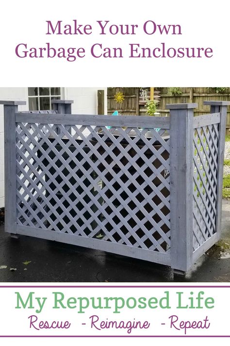 Make your own garbage can enclosure or trash can corral. Improve your curb appeal by hiding those unsightly wastebins!  #MyRepurposedLife #garbagecan #curbappeal #eyesore #diy #tutorial Garbage Can Enclosure, Trash Can Storage Outdoor, Hide Trash Cans, Garbage Can Storage, Trash Can Covers, Do It Yourself Decoration, Diy Curb Appeal, Garbage Storage, Outdoor Trash Cans