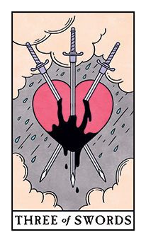 Three of Swords Tarot Card Meanings | Tarot.com Modern Witch Tarot Deck, Three Of Swords Tarot, Modern Witch Tarot, 3 Of Swords, Deck Modern, Three Of Swords, Queen Of Swords, Witches Tarot Deck, Tarot Decks Art