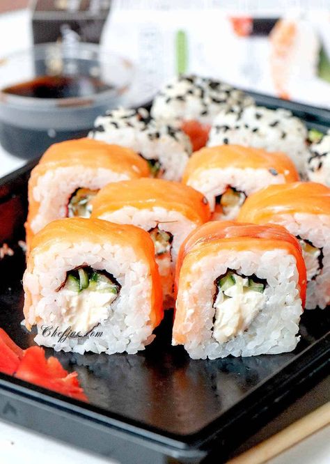 Philadelphia Roll Recipe - Chefjar Air Fryer Recipes Asian, Salmon Recipes Air Fryer, Cream Cheese And Cucumber, Sushi Rolls Recipe, Philadelphia Roll, Smoked Salmon Sushi, Takeout At Home, Smoked Salmon Cream Cheese, Yummy Sushi