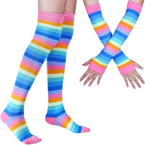 Chalier Womens Rainbow Socks Striped Knee High Socks Arm Warmer Fingerless Gloves Set (Pink) at Amazon Women’s Clothing store Rainbow Thigh High Socks, Striped Leg Warmers, Striped Thigh High Socks, Striped Knee High Socks, Rainbow Socks, Soft Gloves, Cosplay Accessories, Soft Slippers, Thigh High Socks