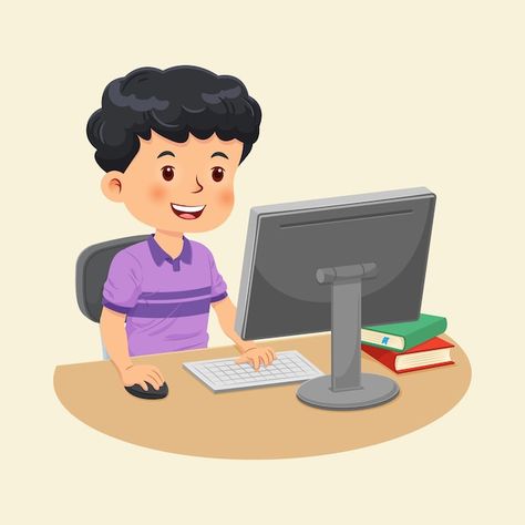 Cute boy sitting doing his homework with... | Premium Vector #Freepik #vector #child-computer #boy-studying #kindergarten-school #kids-technology Sitting At Computer, Boy Studying, Computer Drawing, Computer Photo, Computer Vector, Computer Learning, Kids Computer, Kids Technology, Kids Reading Books