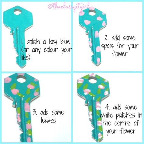 Key Painting Ideas, Apartment Keys, Key Painting, Girly Diy, Key Diy, Key Crafts, Paint Keys, Nail Polish Crafts, Diy Tumblr