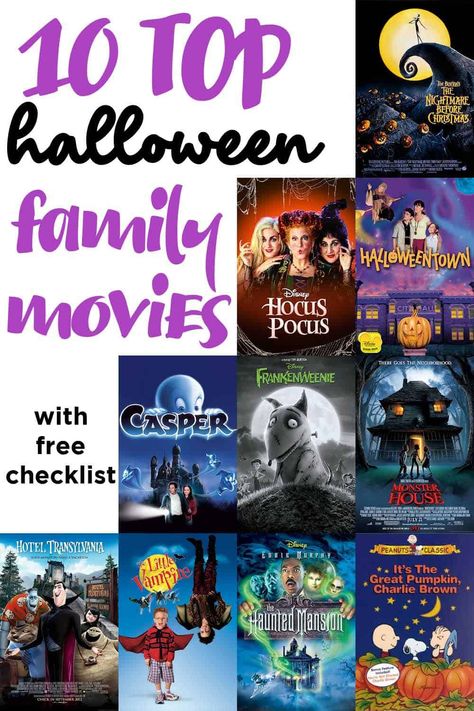 Family Halloween Movies, Halloween Movies For Kids, Family Friendly Halloween Movies, Halloween Town Disney, It's The Great Pumpkin, Halloween Dance, Monster House, Movies Of All Time, Free Checklist