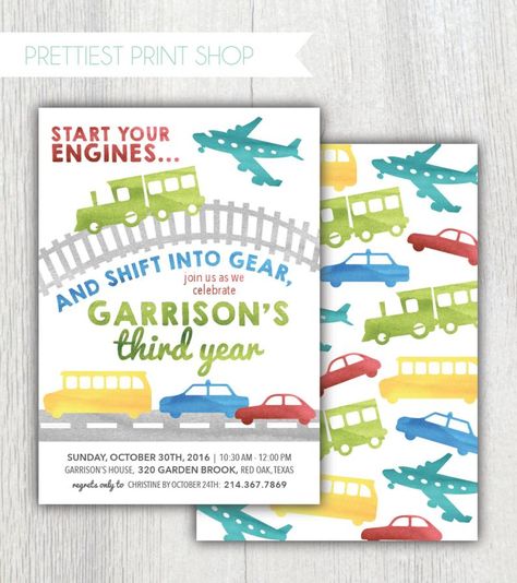 Transportation Birthday Invitation, 3rd Birthday Party For Boy, Transportation Birthday Party, Planes Trains And Automobiles, Transportation Party, Transportation Birthday, Trains Birthday Party, Things That Go, Birthday Themes For Boys