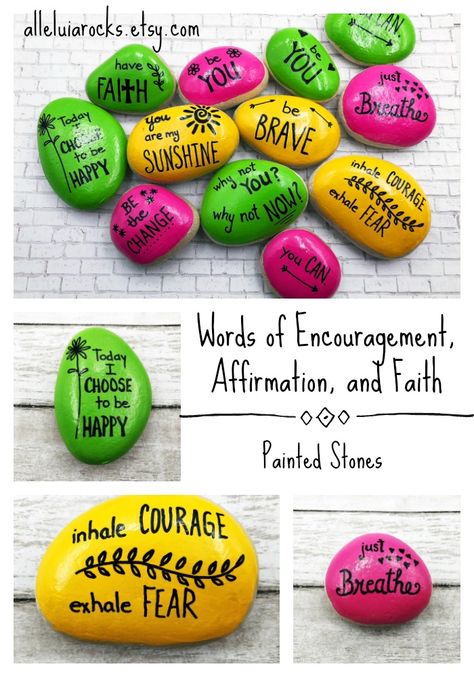 These hand-painted Affirmation Stones offer words of encouragement to everyone! They make great gifts for teachers, friends, loved ones, and strangers. CLICK to SHOP THE ROCKS! #affirmationstones #encouragementstones #empowermentrocks #alleluiarocks Inhale Courage Exhale Fear, Inspirational Rocks, Painted Rocks Kids, Painted Rocks Craft, Painted Rocks Diy, Rock Painting Ideas Easy, Rock Painting Patterns, בר מצווה, Rock Painting Designs