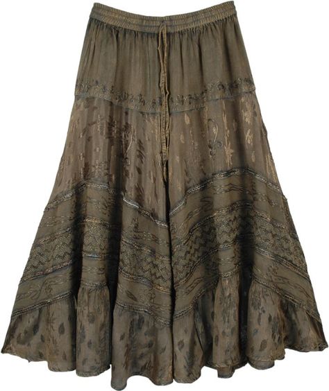 ac5dab2e99eee9cf9ec672e383691302desc52945712ri Rodeo Skirt, Long Boho Skirt, Brown Maxi Skirts, Olive Clothing, Western Skirts, Skirts Flowy, Feminine Skirt, Orange Dresses, Boho Skirt