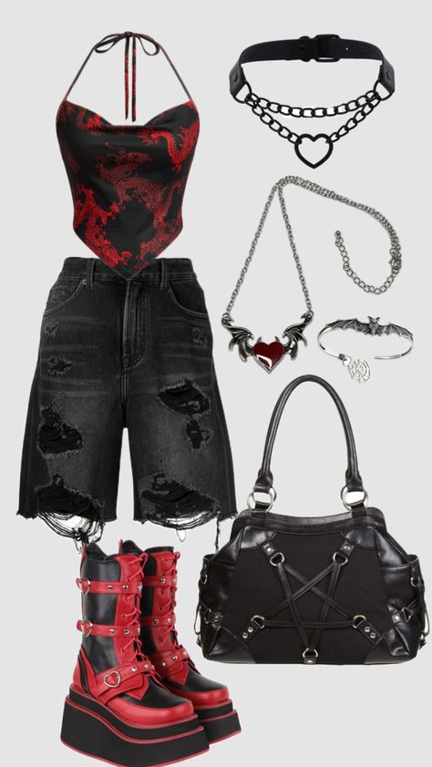 Red grunge Outfit Grunge Red Outfit, Red Grunge Aesthetic Outfits, Rockstar Oc, Red Grunge Outfit, Red Grunge Aesthetic, Red Grunge, Grunge Outfit, Aesthetic Red, Metal Clothing