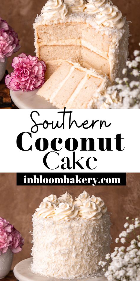 This is the best coconut cake recipe! It's a light and fluffy southern coconut cake, frosted with coconut cream cheese frosting and sprinkled with coconut flakes. Coconut lovers will absolutely love this cake! Coconut Cream Cake Recipe, Coconut Cake Decoration, Southern Coconut Cake Recipe, The Best Coconut Cake, Southern Coconut Cake, Best Coconut Cake, Best Coconut Cake Recipe, Fancy Baking, In Bloom Bakery