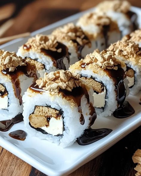 S’mores Sushi Recipe, S’mores Sushi, Smores Sushi, Desert Sushi, Crunchy Roll Sushi, Black Sushi, Bacon Cheeseburger Meatloaf, Sushi Dessert, Baked Meatloaf