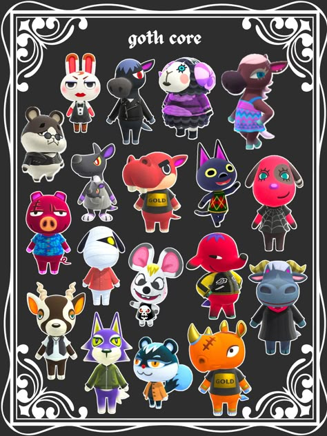 a list of animal crossing villagers who look "goth" or "gothic" Animal Crossing Design Codes Clothes, Acnh Halloween Island Ideas, Animal Crossing Island Ideas, Animal Crossing Design Codes, Animal Crossing Design, Creepy Animals, Goth Core, Creepy Core, Animal Crossing Funny